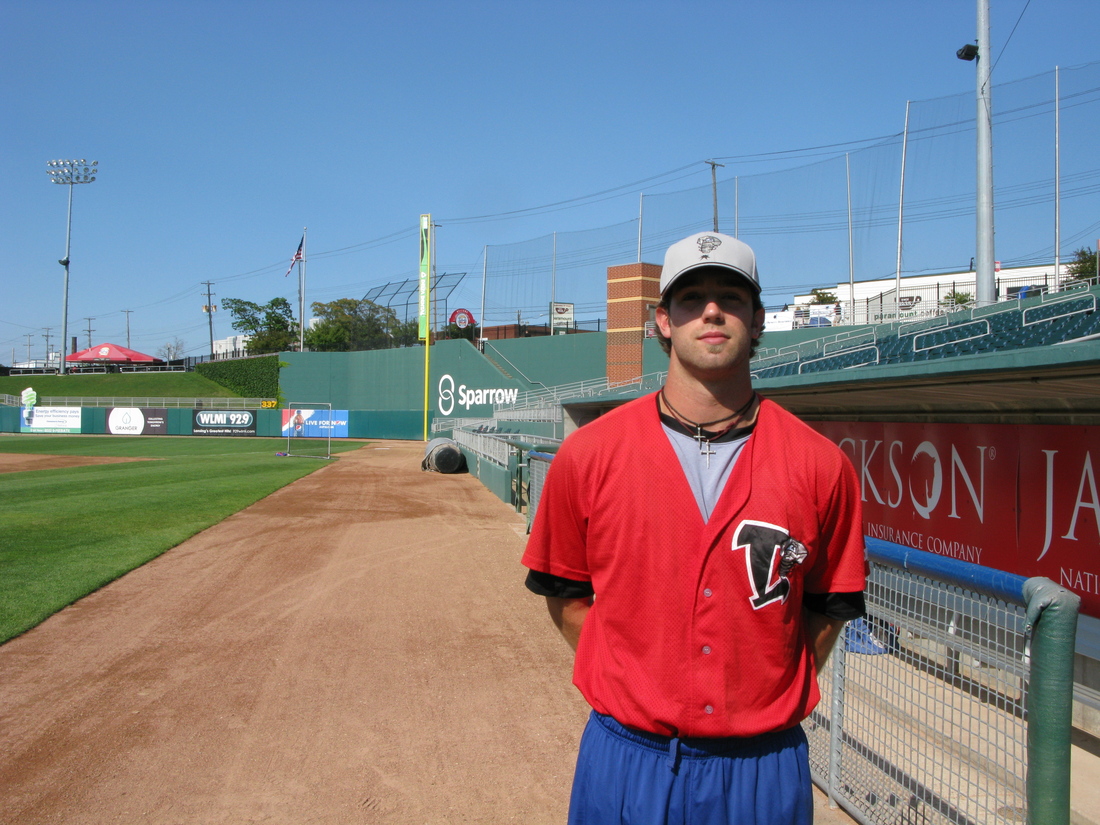 Daniel Norris poses at the end of batting practice at Cooley Law School Stadium in Lansing, Michigan.